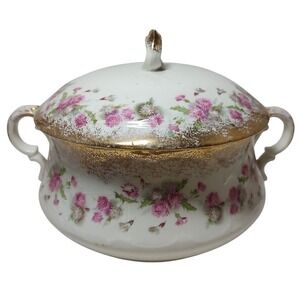 Antique MS‎ Floral Lidded Serving Dish Round Floral Gold Trim Semi Porcelain SEE